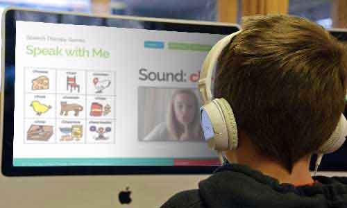 Child at online speech therapy session doing exercise on a computer