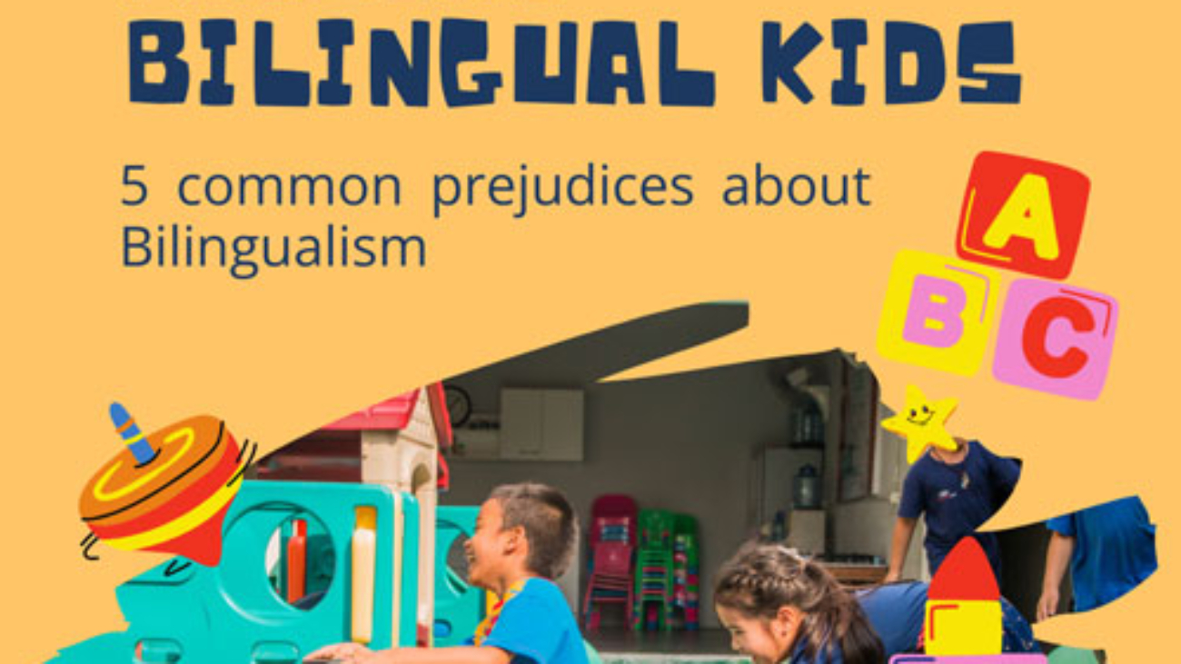 The image promotes raising bilingual children, contrasting playful children with text addressing common prejudices against bilingualism