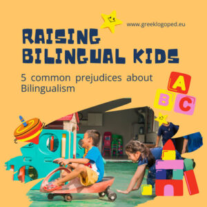 The image promotes raising bilingual children, contrasting playful children with text addressing common prejudices against bilingualism