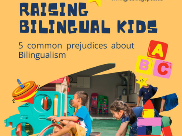 The image promotes raising bilingual children, contrasting playful children with text addressing common prejudices against bilingualism